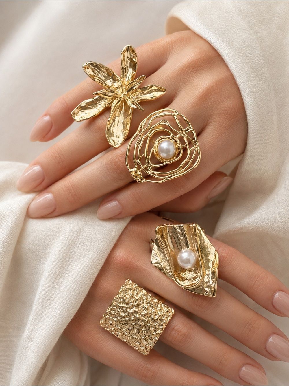 Zara Luxe Sculptural Gold Adjustable Ring Set — 4 Piece Collection NWOT